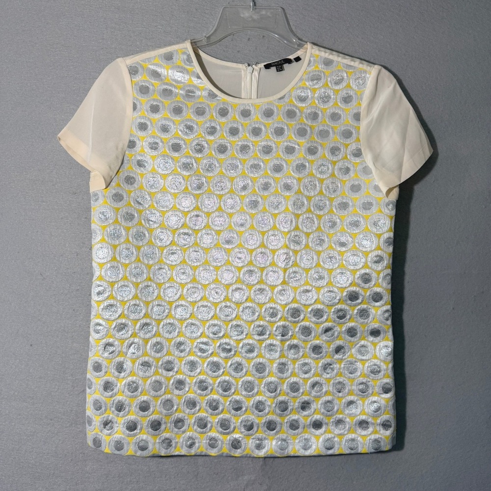 Raoul Women's Silver Yellow Metallic‎ Polka Dot Silk Top Size 6 Mod Boxy Retro